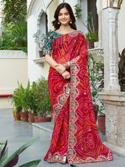 Eye - Catching Red Bandhani Print Wedding Wear Saree - Ethnic Plus In