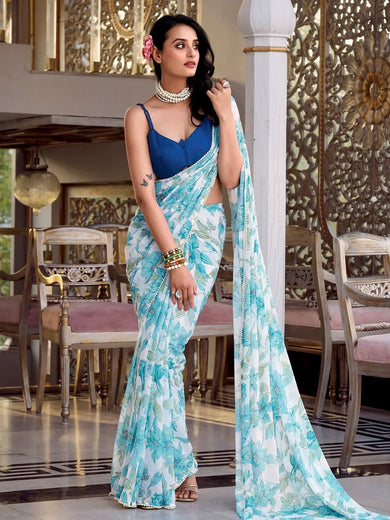 Eye - Catching Sky Blue Floral Printed Traditional Saree With Blouse - Ethnic Plus In