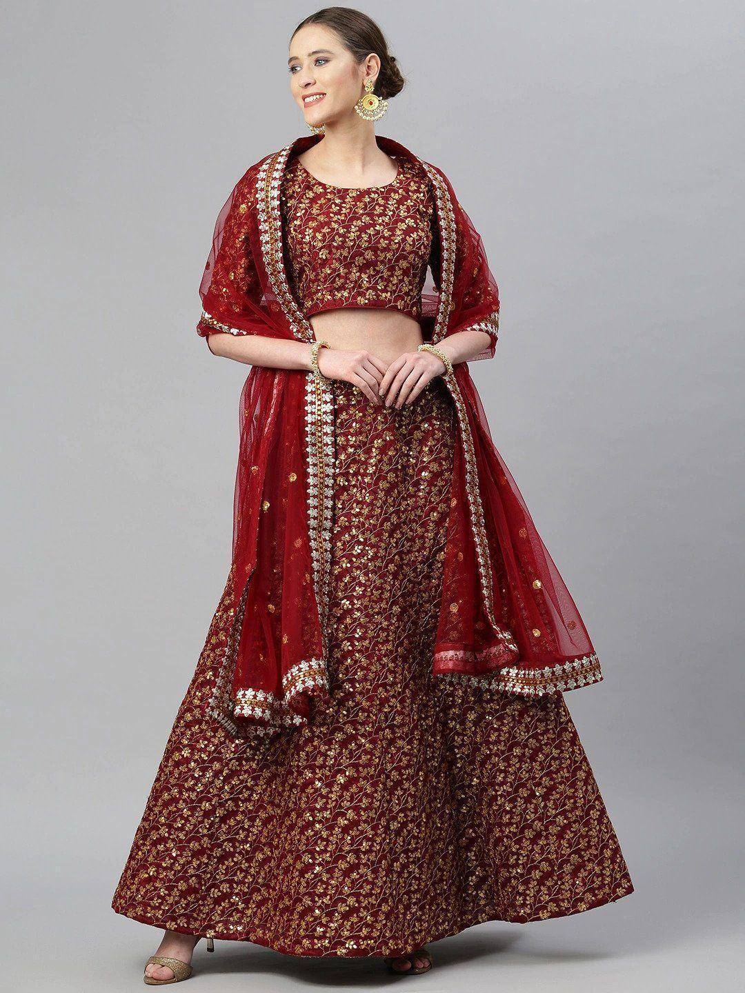 Maroon floral embroidered lehenga choli with sheer dupatta, Indian ethnic wear for women