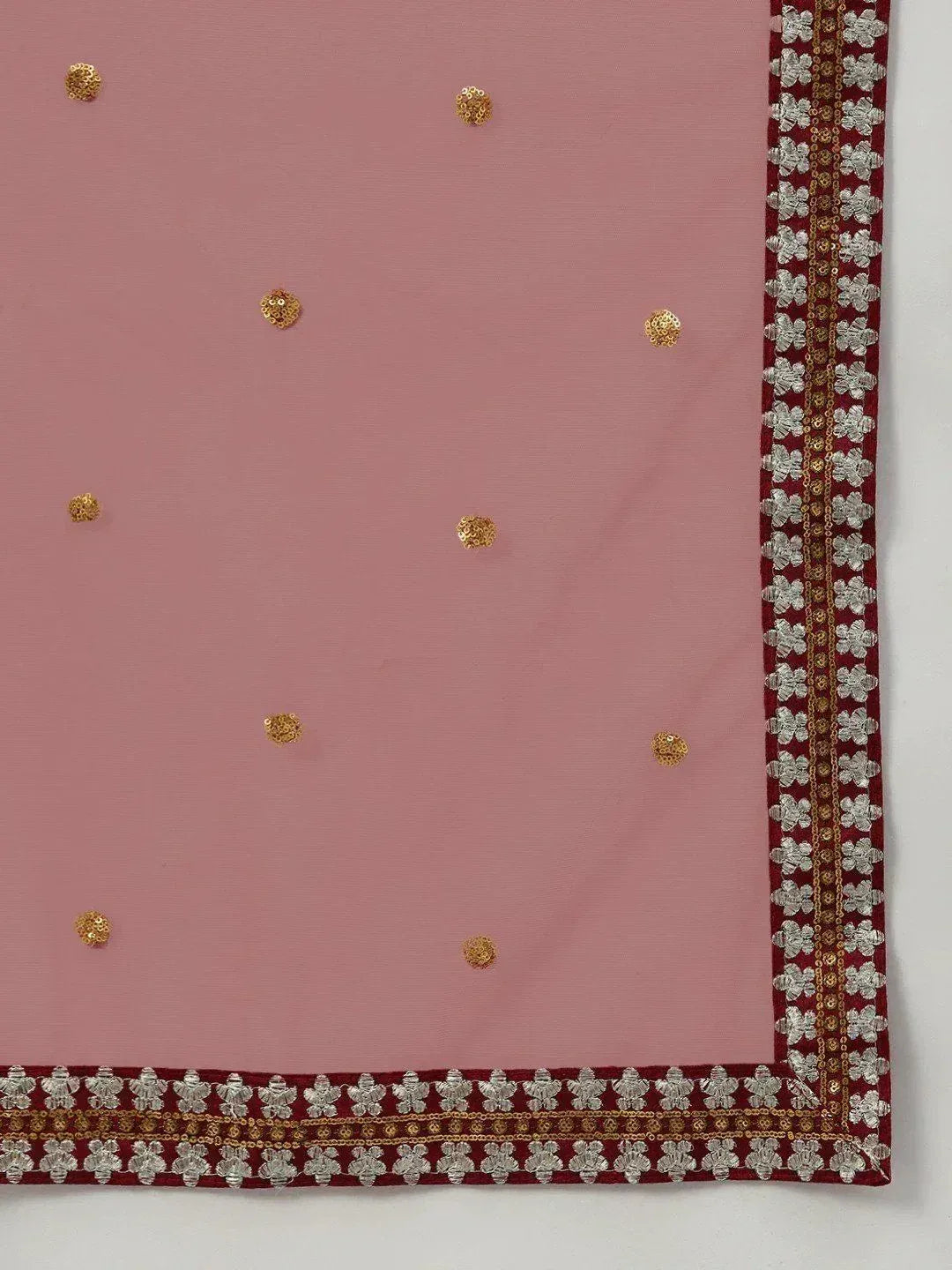 Pink ethnic dupatta with gold sequin dots and maroon floral border for lehenga or saree