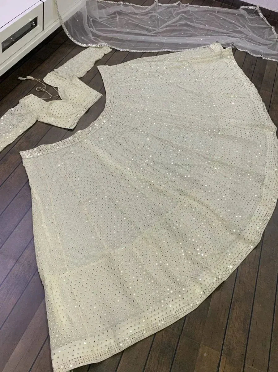 Ivory mirror work lehenga choli with sheer dupatta, ethnic Indian wedding wear