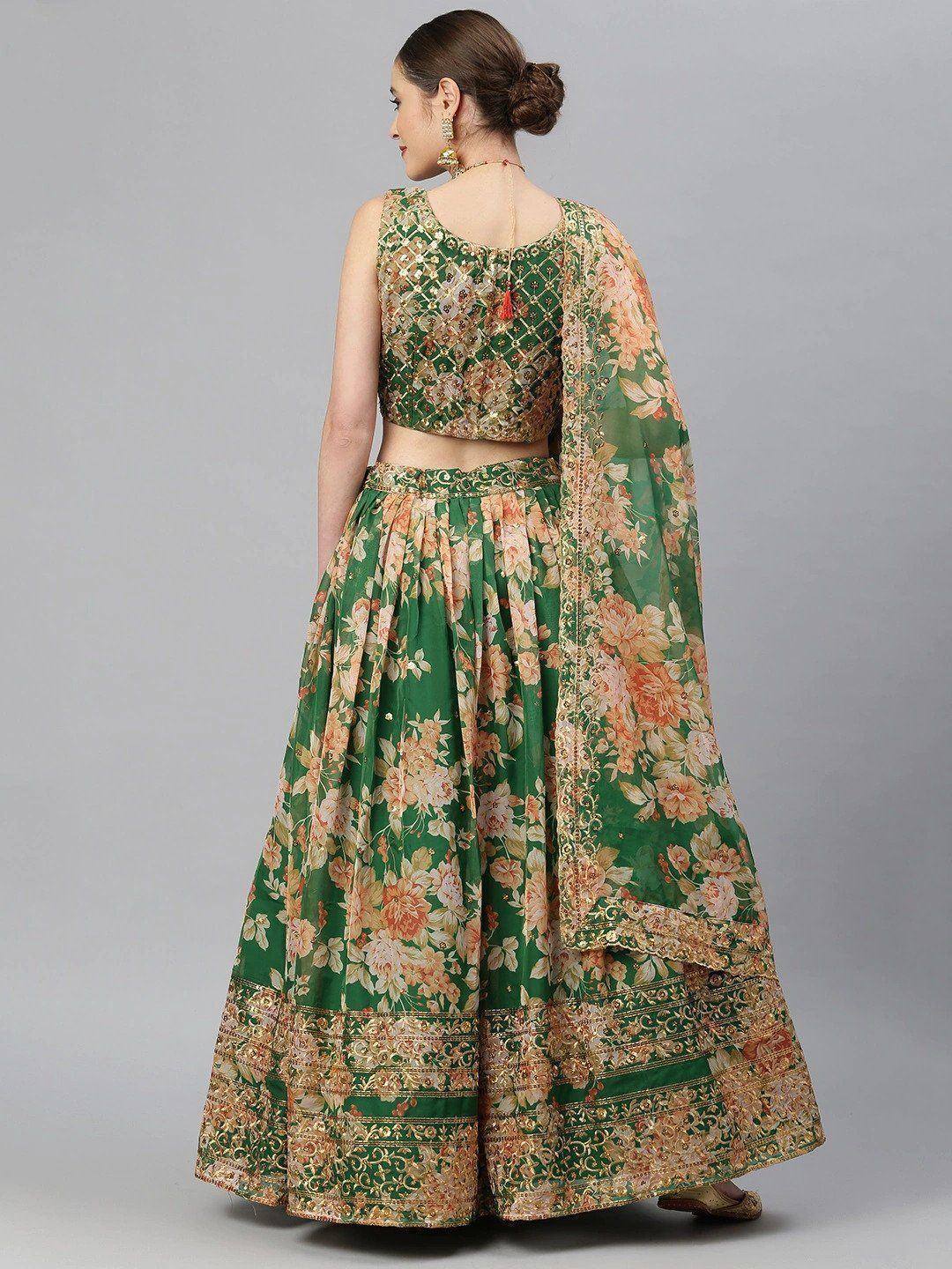 Green floral lehenga choli with gold embroidery, perfect for Indian ethnic wear occasions