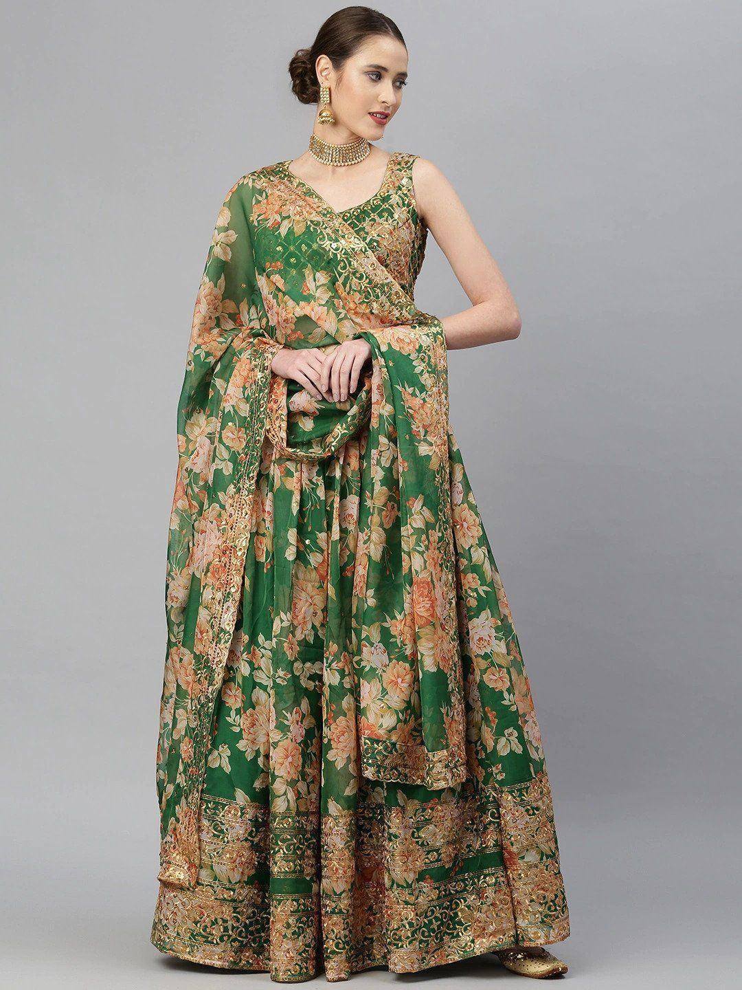 Green floral lehenga choli with gold embroidery, ethnic Indian wear for weddings and parties