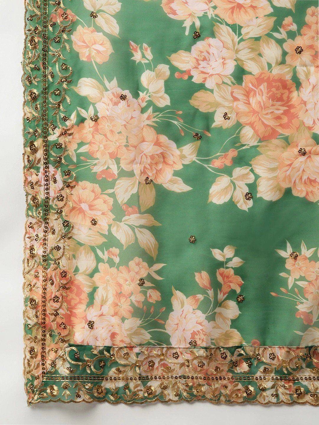 Green floral dupatta with gold embroidery and peach blossoms, perfect for ethnic wear