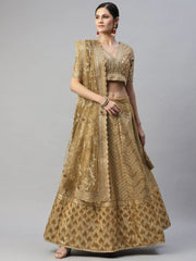 Beige Embroidered Sequinned Unstitched Myntra Lehenga & Blouse With Dupatta