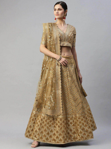 Beige Embroidered Sequinned Unstitched Myntra Lehenga & Blouse With Dupatta