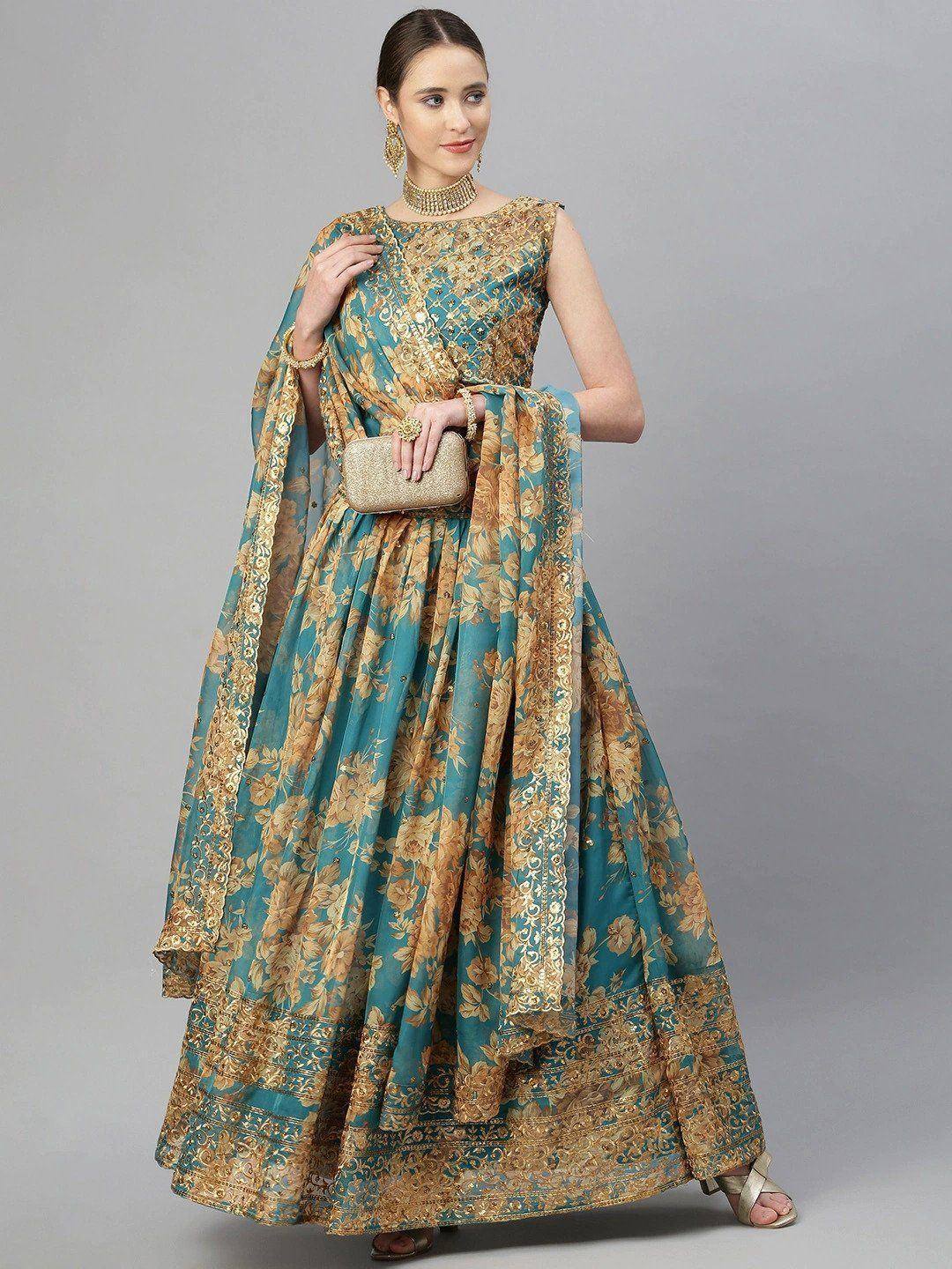 Teal and gold floral printed designer lehenga choli with embroidered dupatta, perfect for Indian weddings and festive occasions