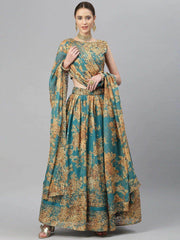 Teal & Peach-Coloured Embellished Sequinned Semi-Stitched Myntra Lehenga & Unstitched Blouse