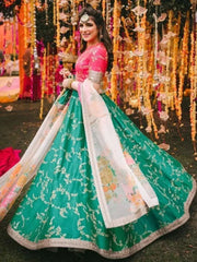 Green Embroidered Mulberry Bridal Lehenga Choli With Printed Dupatta