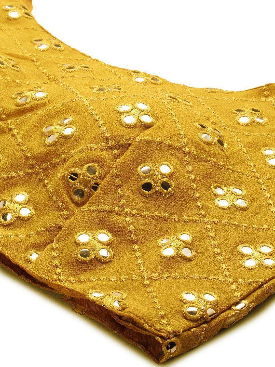 Mustard yellow ethnic blouse with mirror work and embroidery detail