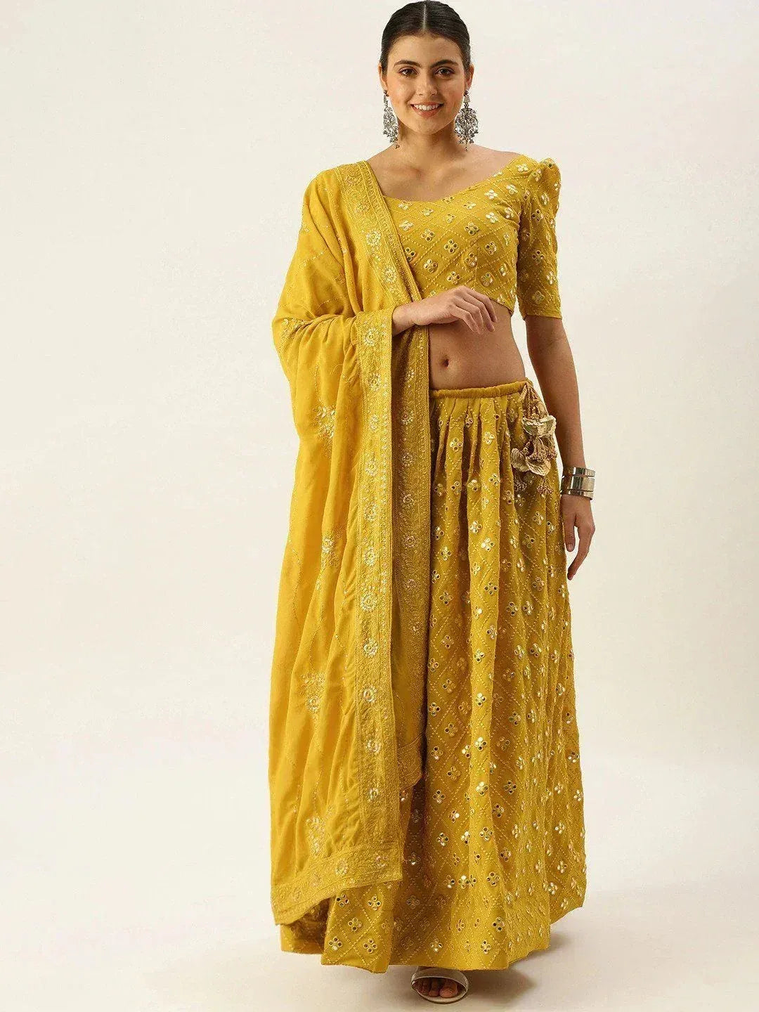 Yellow embroidered lehenga choli with matching dupatta, Indian ethnic wear for women