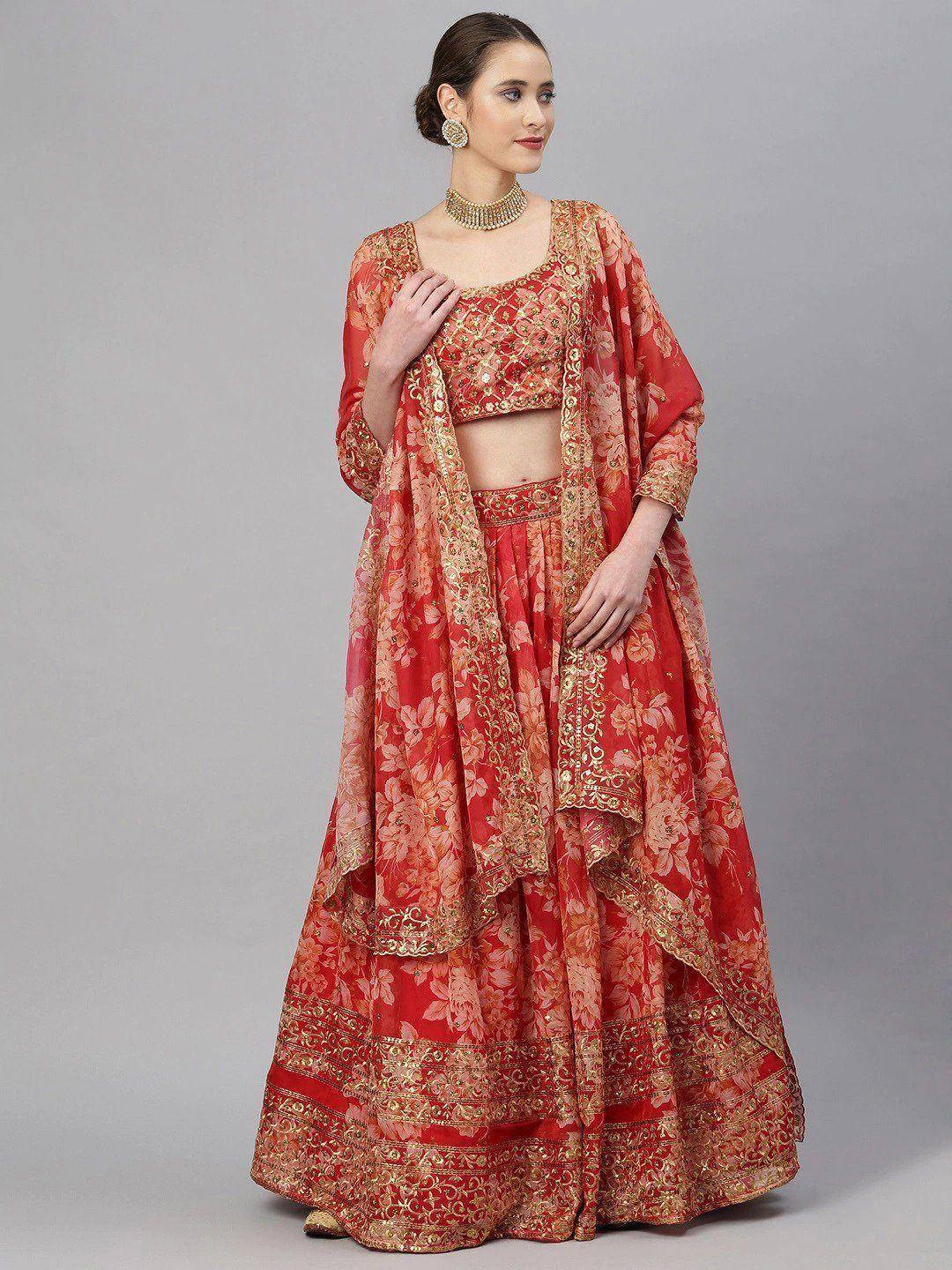 Red floral lehenga choli with gold embroidery, perfect for Indian weddings and festive occasions