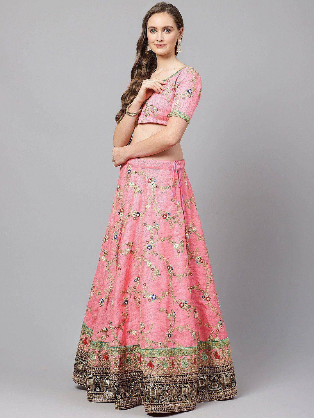 Pink floral embroidered lehenga choli with gold detailing, perfect for Indian ethnic wear occasions