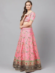 Pink & Green Embroidered Semi-Stitched Myntra Lehenga & Unstitched Blouse with Dupatta