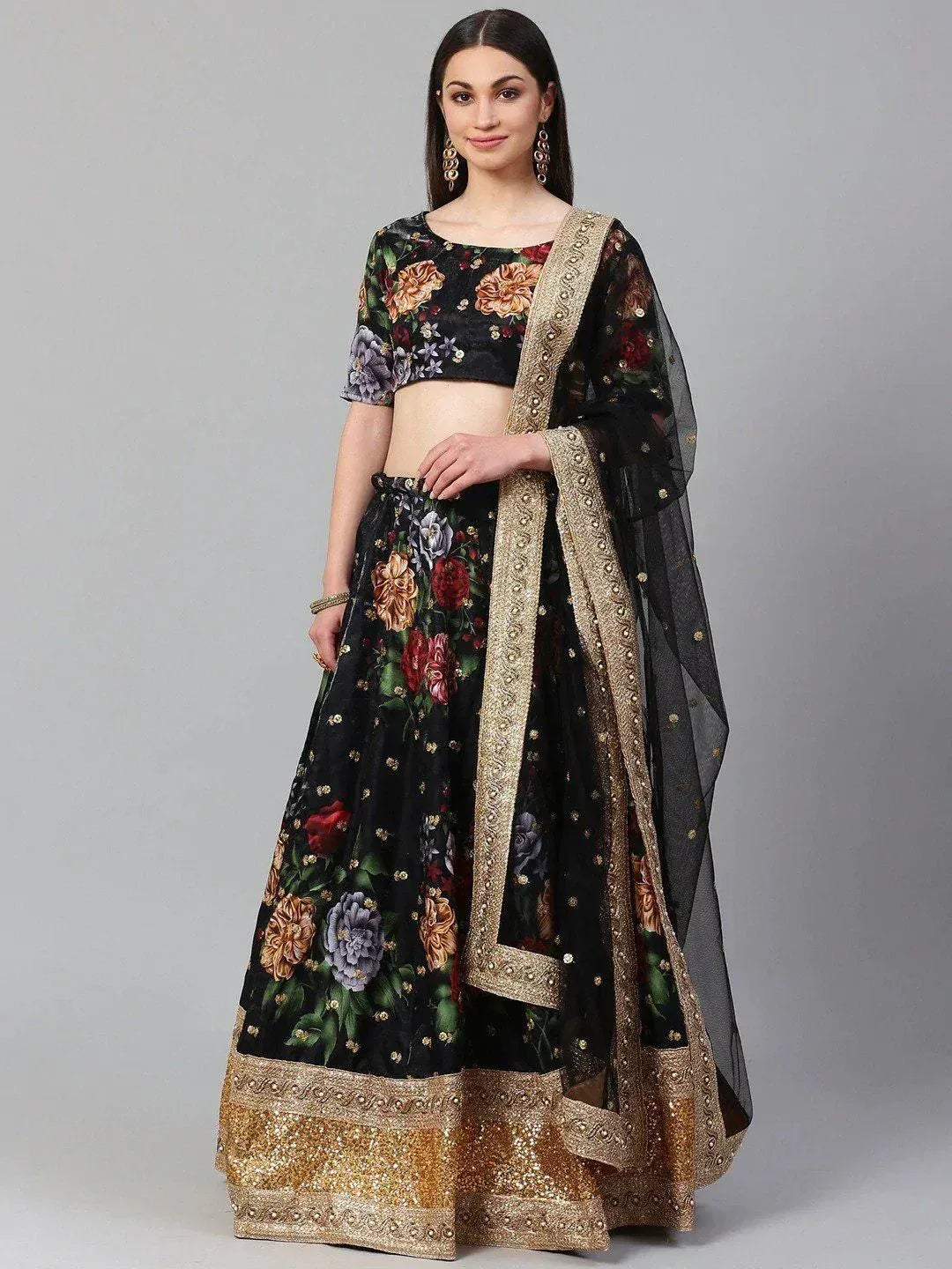 Black floral lehenga choli with gold embroidery and sheer dupatta, Indian ethnic wear