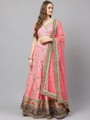 Pink & Green Embroidered Semi-Stitched Myntra Lehenga & Unstitched Blouse with Dupatta