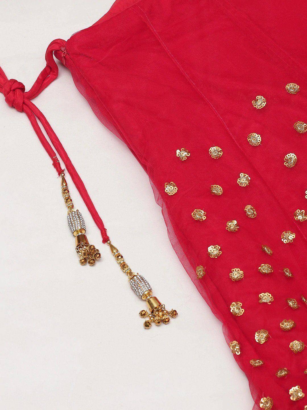 Red ethnic dupatta with gold floral embroidery and beaded tassels for Indian wear