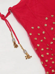 Red & Gold-Toned Embroidered Semi-Stitched Myntra Bridal Lehenga & Unstitched Blouse with Dupatta