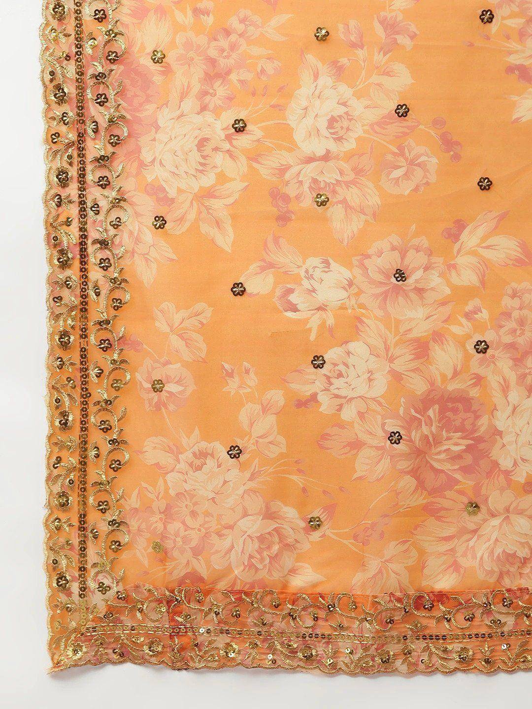 Orange floral dupatta with gold embroidery and sequin detailing for ethnic wear