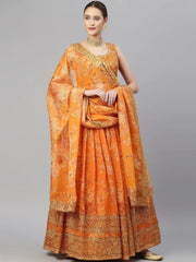 Orange & Gold-Toned Embellished Sequinned Semi-Stitched Myntra Lehenga & Unstitched Blouse