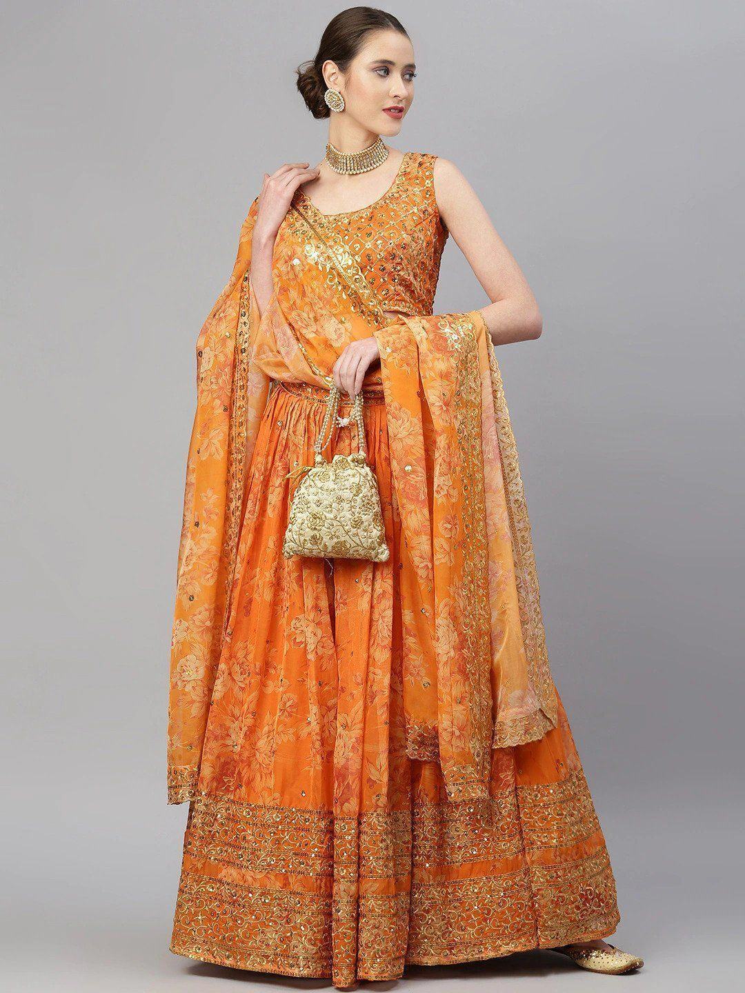 Orange & Gold-Toned Embellished Sequinned Semi-Stitched Myntra Lehenga & Unstitched Blouse