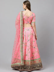 Pink & Green Embroidered Semi-Stitched Myntra Lehenga & Unstitched Blouse with Dupatta
