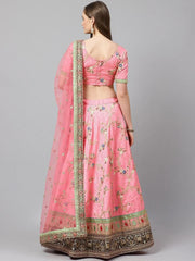 Pink & Green Embroidered Semi-Stitched Myntra Lehenga & Unstitched Blouse with Dupatta