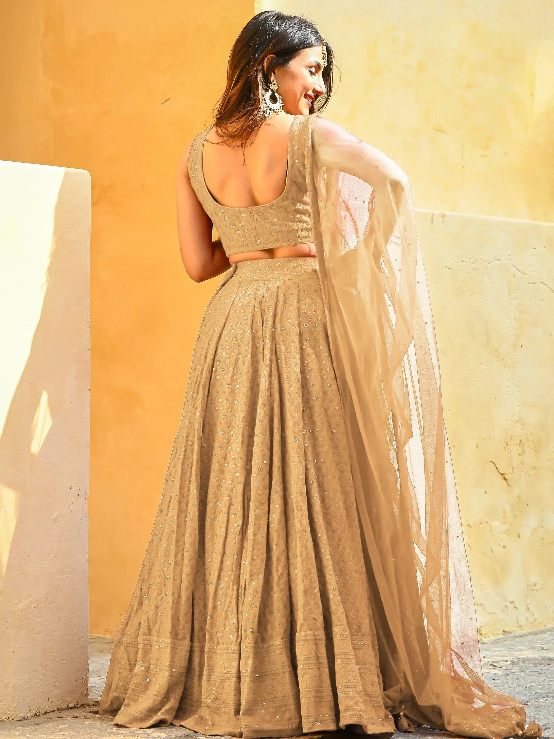 Beige embroidered lehenga choli with sheer dupatta, Indian ethnic wear for women