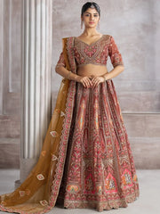 Fabulous Brown Aari Work Banarasi Silk Wedding Wear Lehenga Choli - Ethnic Plus In
