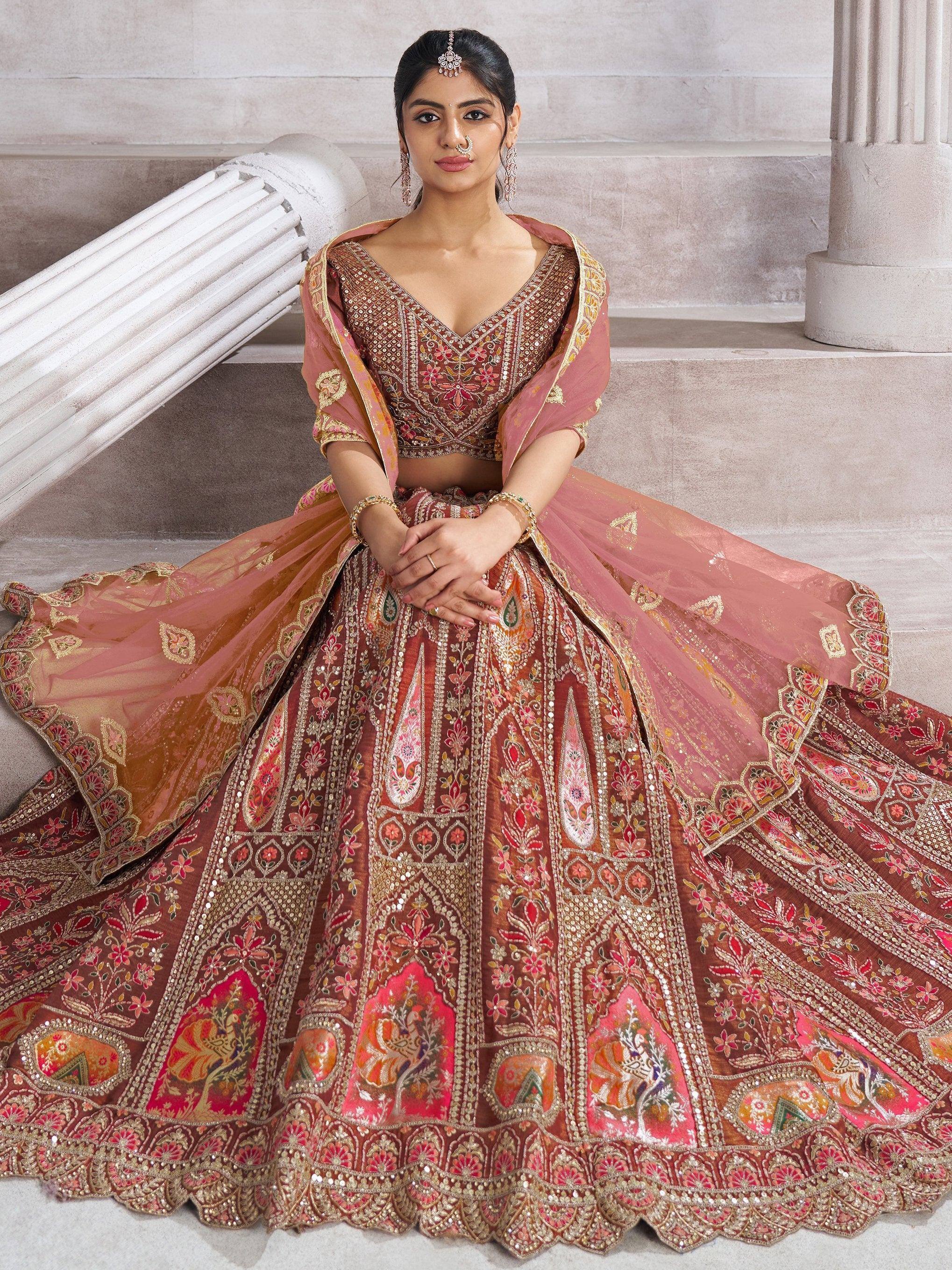 Elegant Indian bridal lehenga choli with intricate embroidery and sequin work, perfect for weddings and festive occasions.