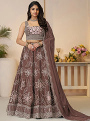 Fabulous Brown Floral Embroidered Satin Lehenga Choli With Dupatta - Ethnic Plus In