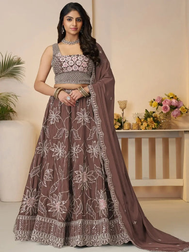 Fabulous Brown Floral Embroidered Satin Lehenga Choli With Dupatta - Ethnic Plus In