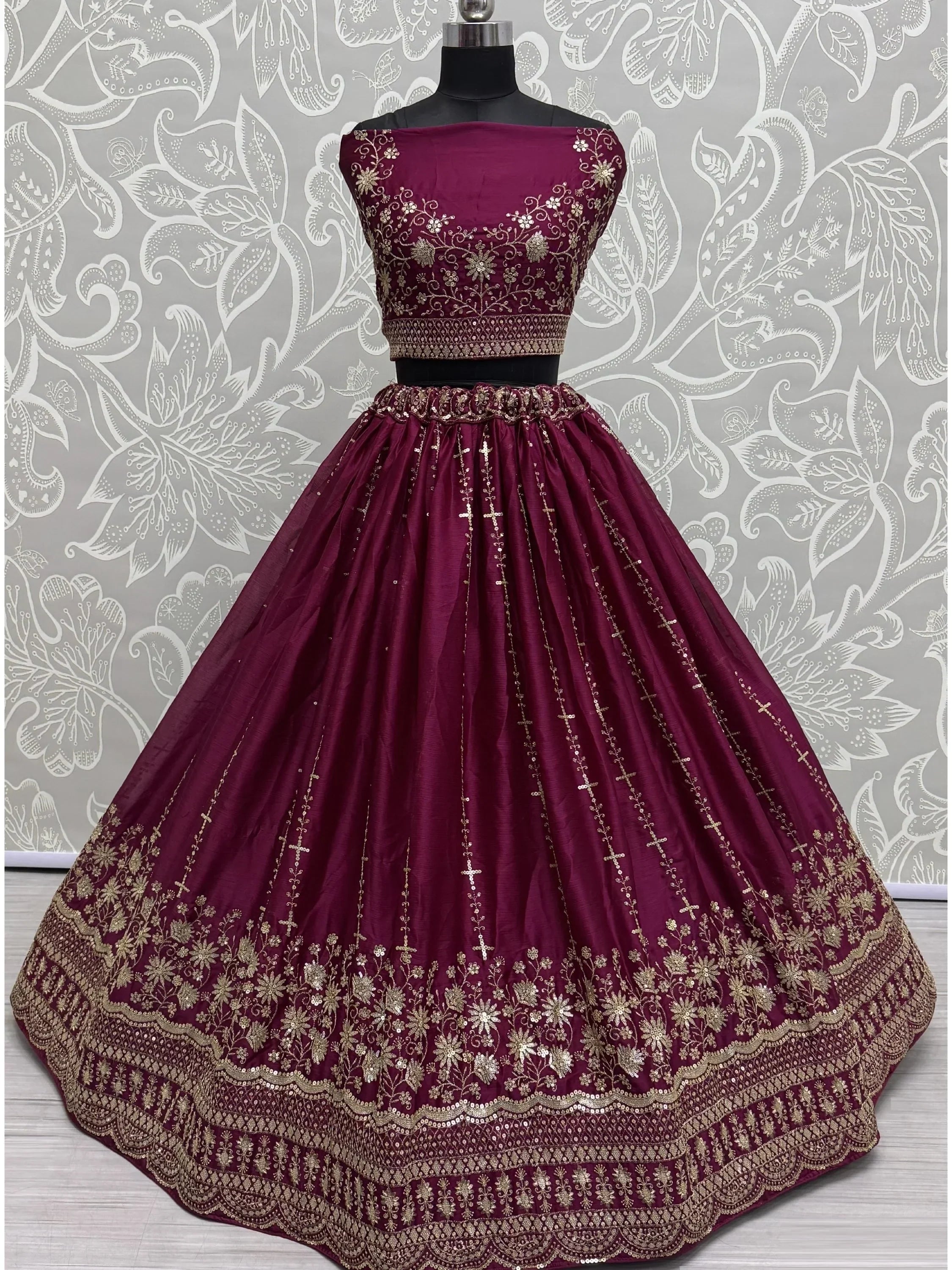 Fabulous Burgundy Zari Work Satin Wedding Lehenga Choli With Dupatta - Ethnic Plus In