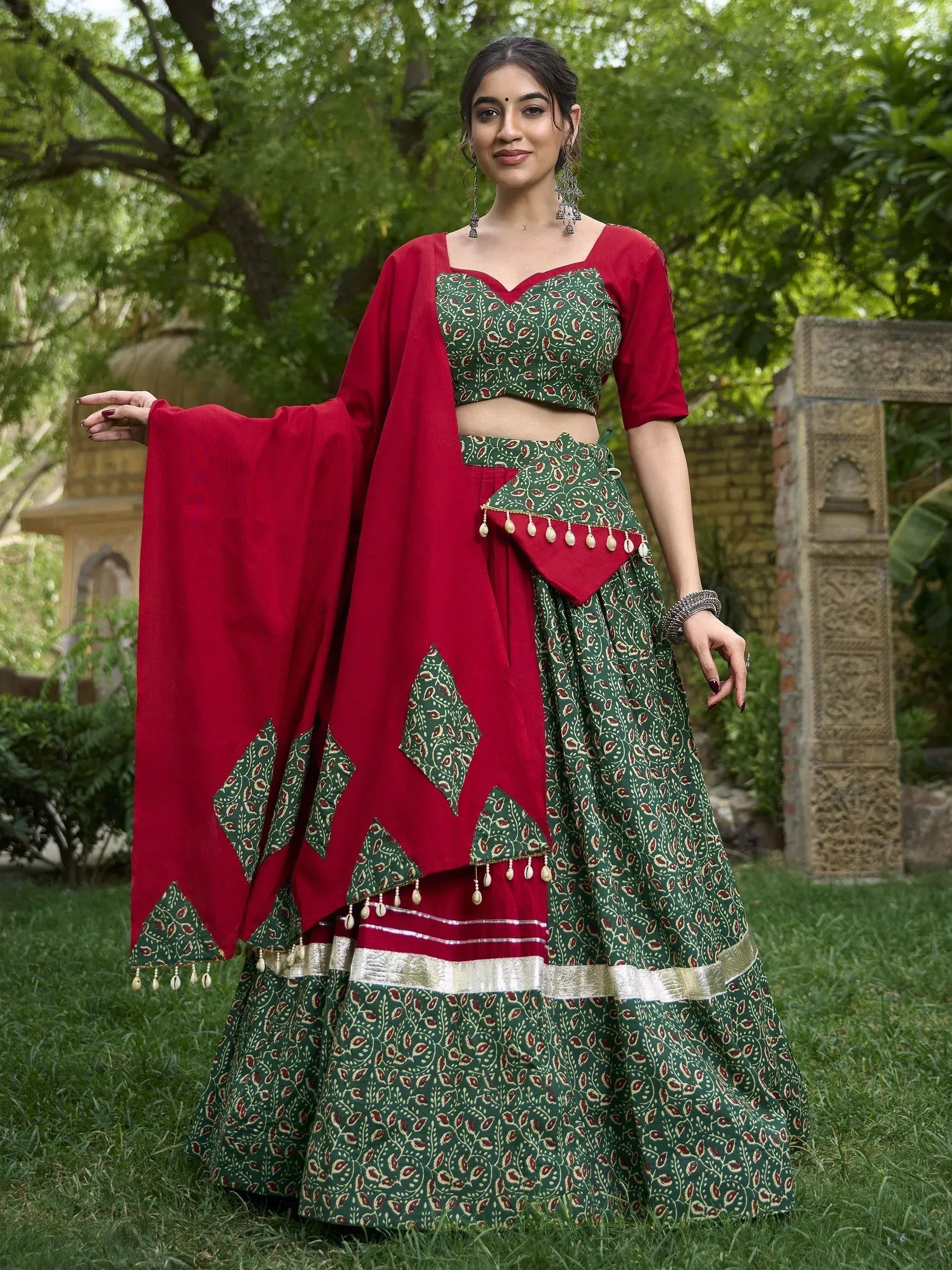 Green and red printed lehenga choli with dupatta, ethnic Indian wear for women