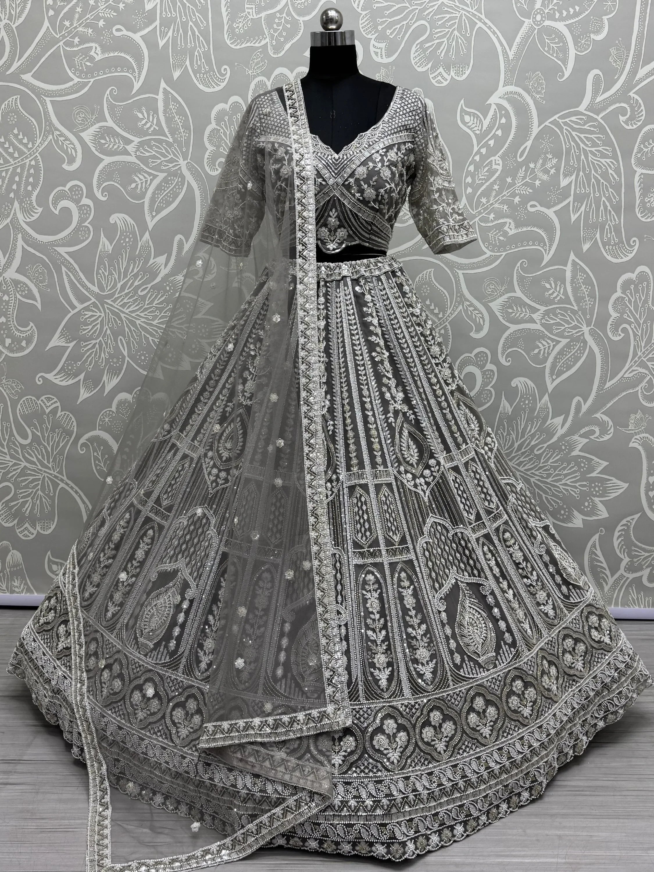 Grey embroidered lehenga choli with dupatta, Indian ethnic wear for weddings and parties