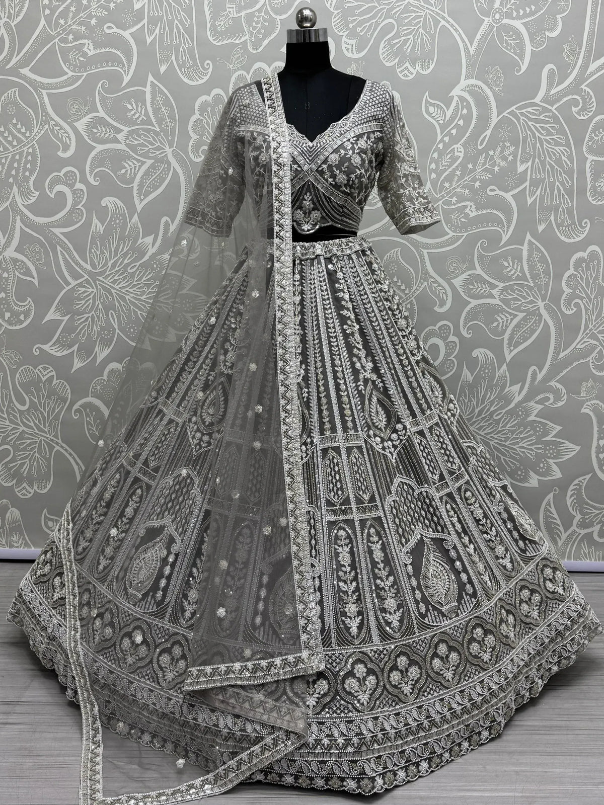 Grey embroidered lehenga choli with dupatta, Indian ethnic wear for weddings and parties