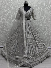 Fabulous Grey Sequins Net Reception Wear Lehenga Choli With Dupatta - Ethnic Plus In