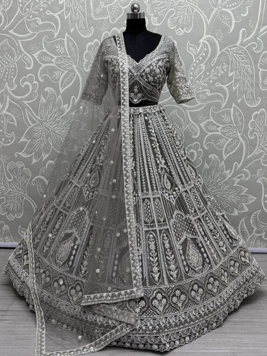 Fabulous Grey Sequins Net Reception Wear Lehenga Choli With Dupatta - Ethnic Plus In