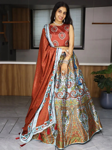 Fabulous Multi - Color Printed Art Silk Wedding Wear Lehenga Choli - Ethnic Plus In
