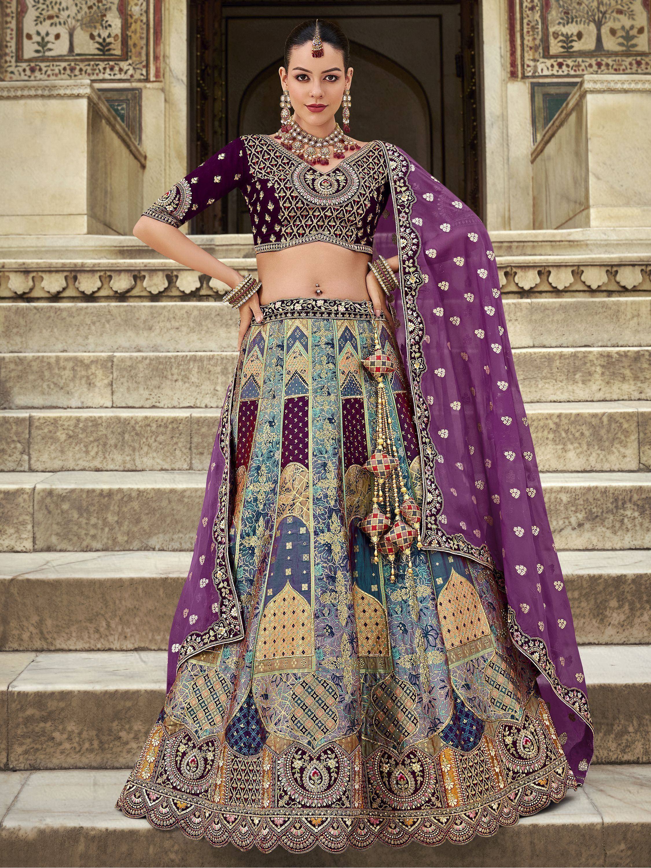 Purple and gold embroidered lehenga choli with dupatta, Indian ethnic wear for weddings