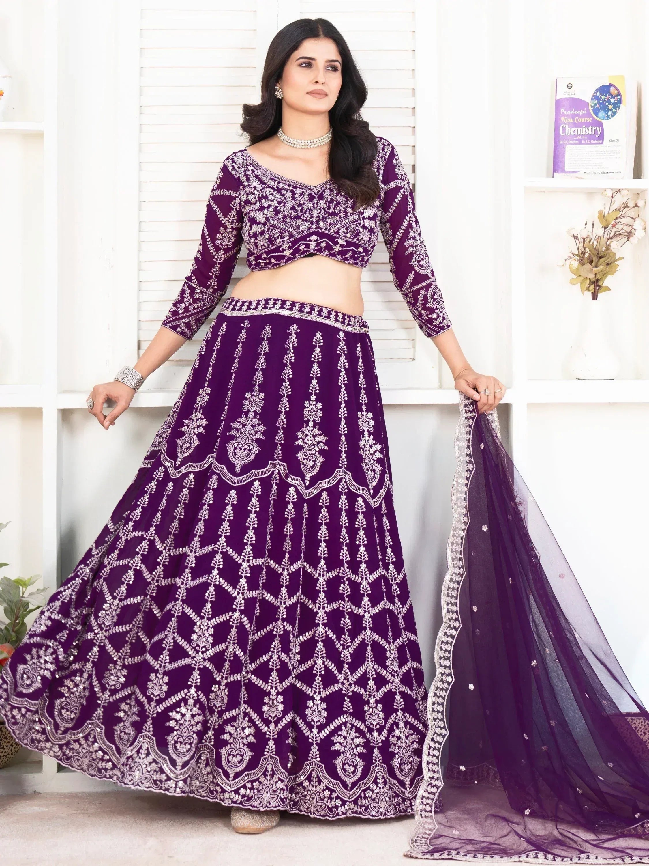 Purple embroidered lehenga choli with matching dupatta, Indian ethnic wear for women