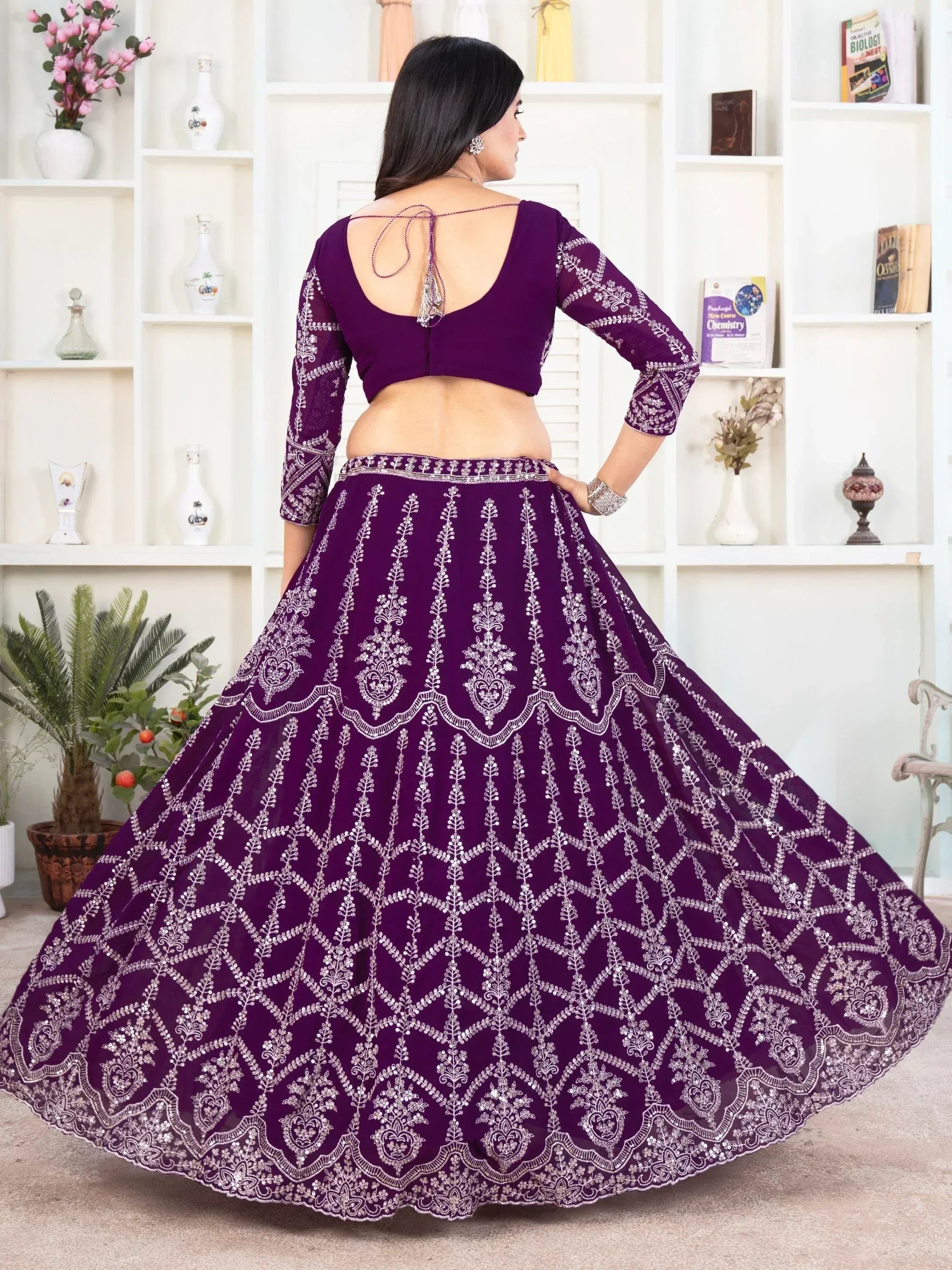 Purple embroidered lehenga choli with back tie blouse, Indian ethnic wear for women