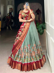 Fabulous Sea Green Printed Silk Onam Special Lehenga Choli With Dupatta - Ethnic Plus In