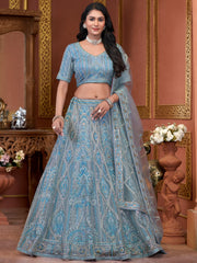 Fabulous Sky - Blue Jarkan Work Net Engagement Wear Lehenga Choli - Ethnic Plus In
