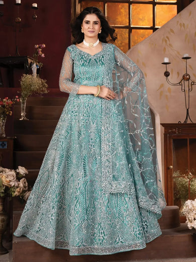 Fabulous Sky - Blue Zarkan Work Net Cocktail Lehenga Choli With Dupatta - Ethnic Plus In