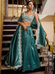 Fabulous Teal Blue Organza Wedding Lehenga Choli With Dupatta - Ethnic Plus In
