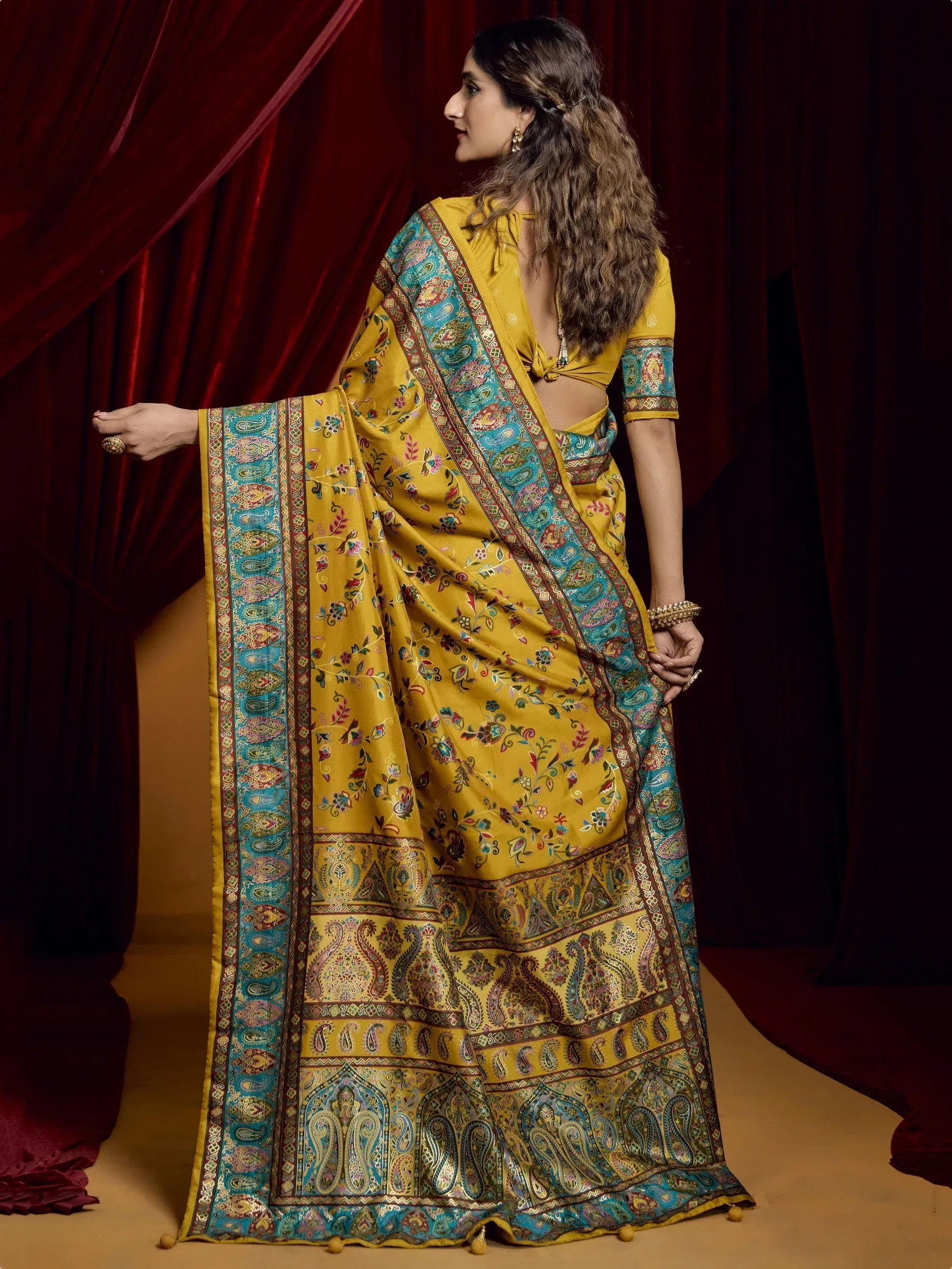 Yellow floral saree with blue paisley border, Indian ethnic wear for women