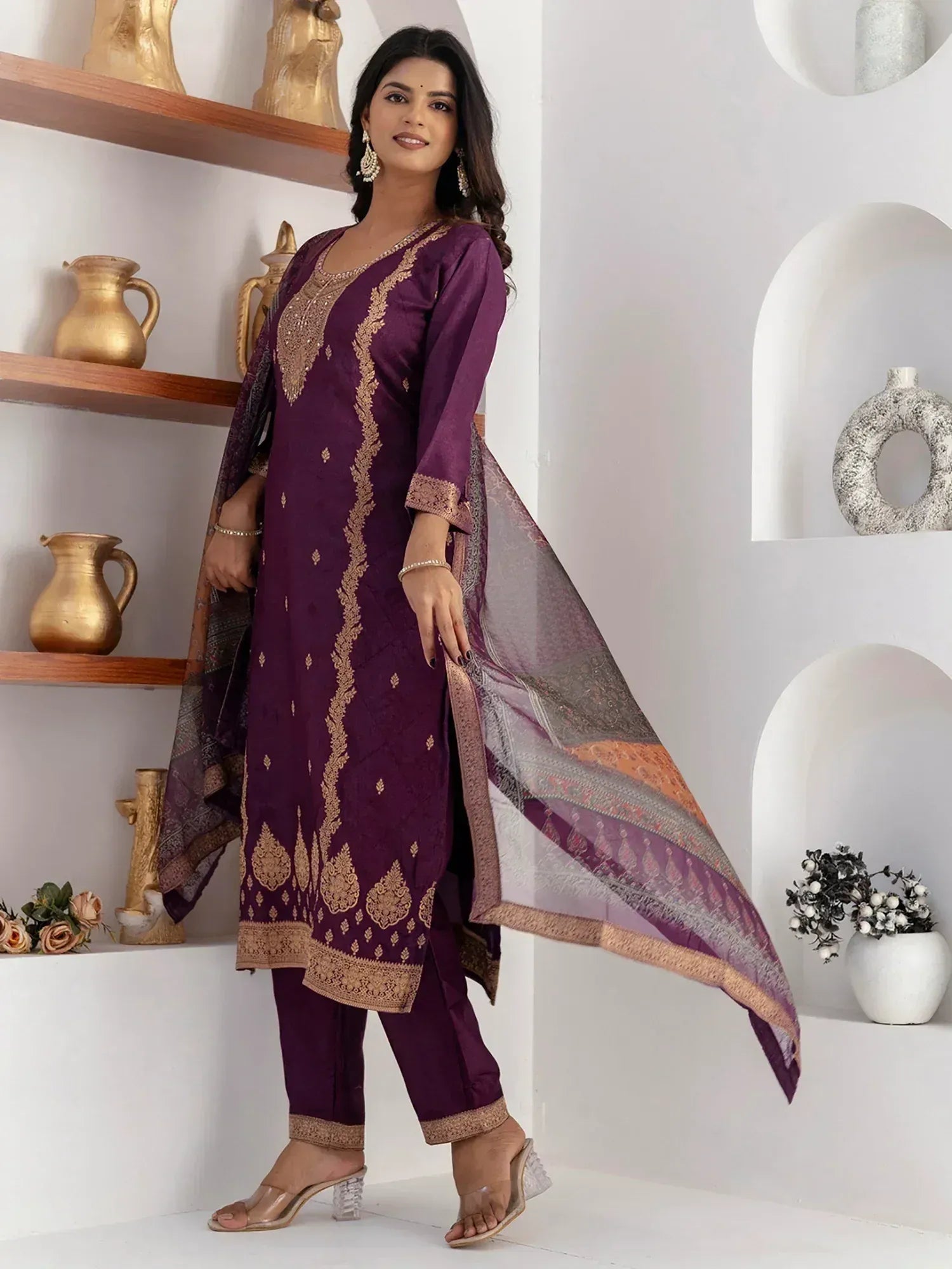 Purple embroidered salwar kameez with gold detailing and matching dupatta, stylish Indian ethnic wear