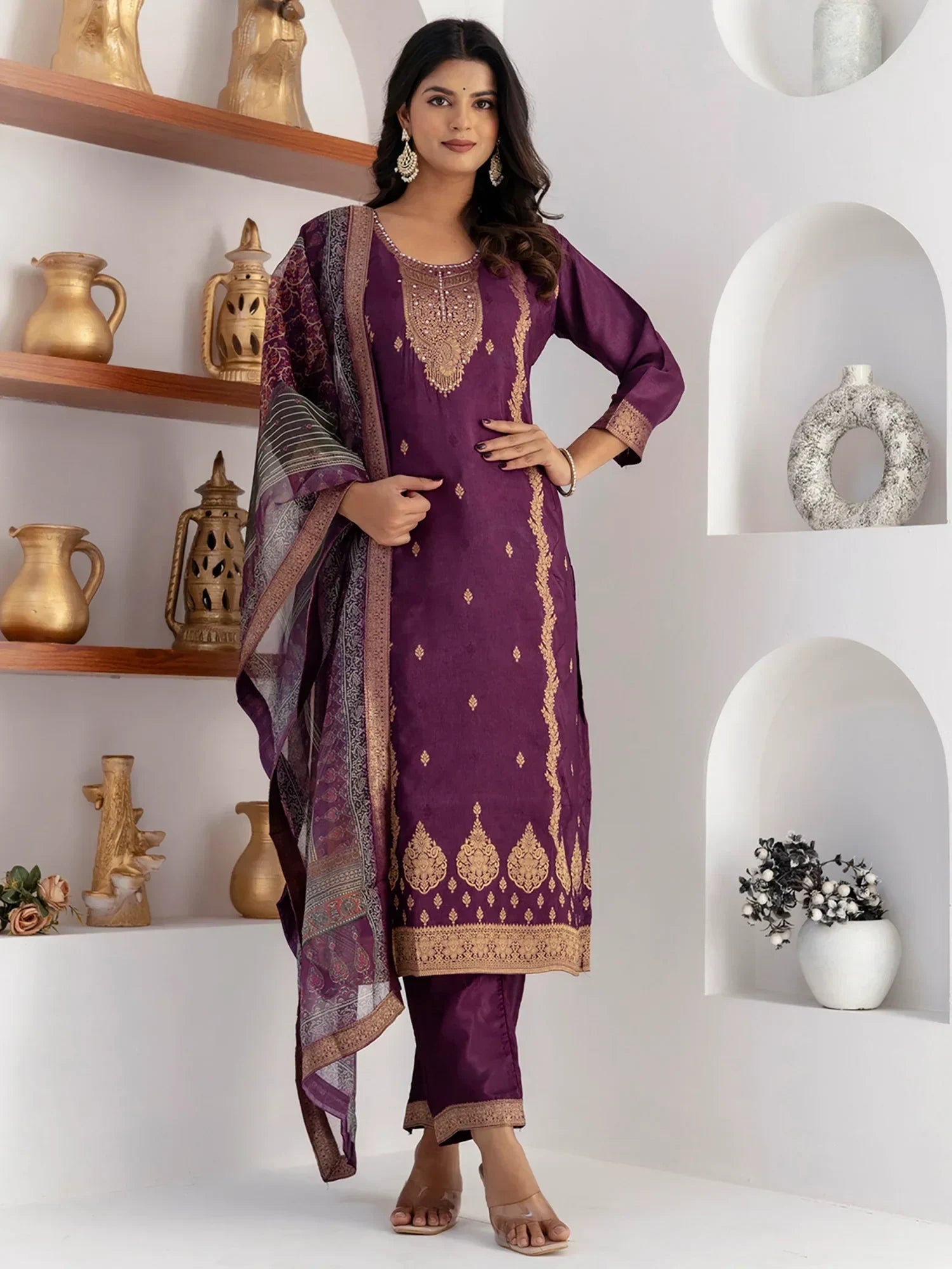 Fabulous Purple Zari Weaving Jacquard Traditional Pant Suit With Dupatta