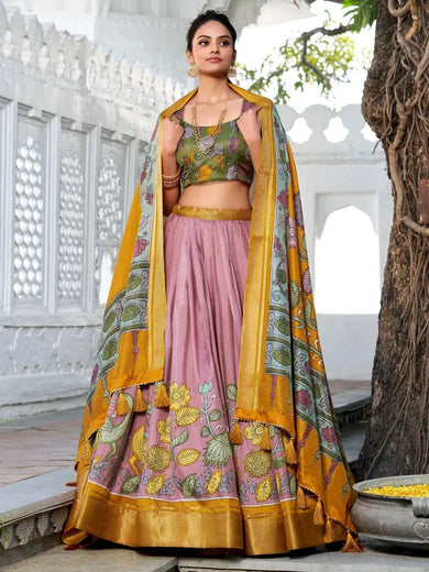Fantabulous Mauve Kalamkari Print Dola Silk Traditional Lehenga Choli - Ethnic Plus In
